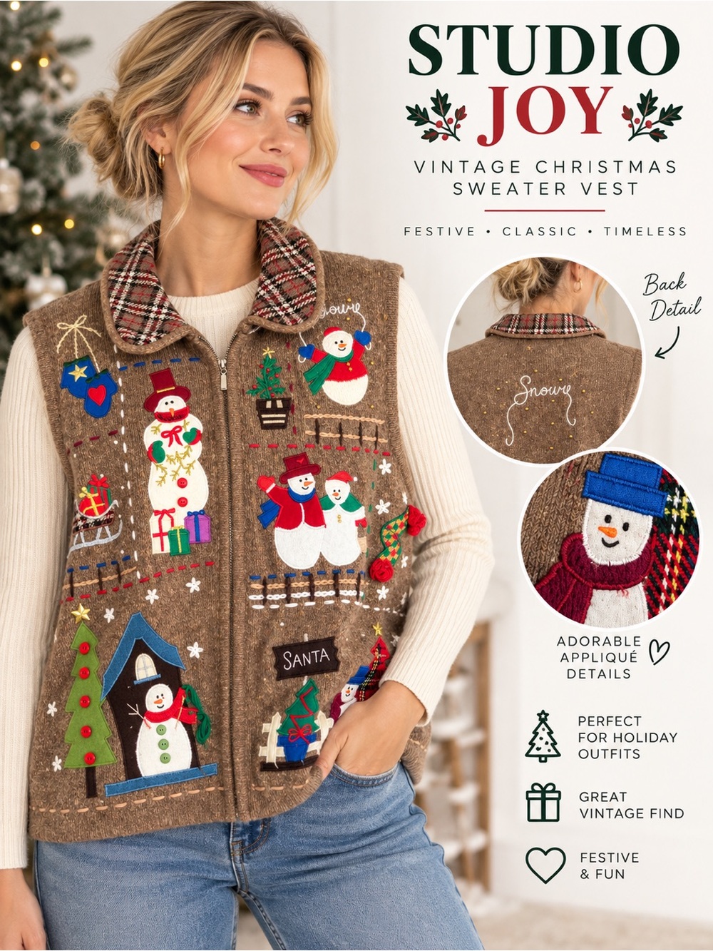Vintage Studio Joy Christmas Sweater Vest L Snowman Appliqué Plaid Collar